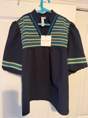 New Grace + Karma Navy Embroidered Women's Top
